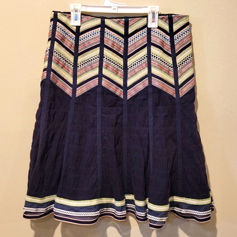 Nanette Lepore Navy Chevron-Trim A-Line Skirt with Multicolor Accents